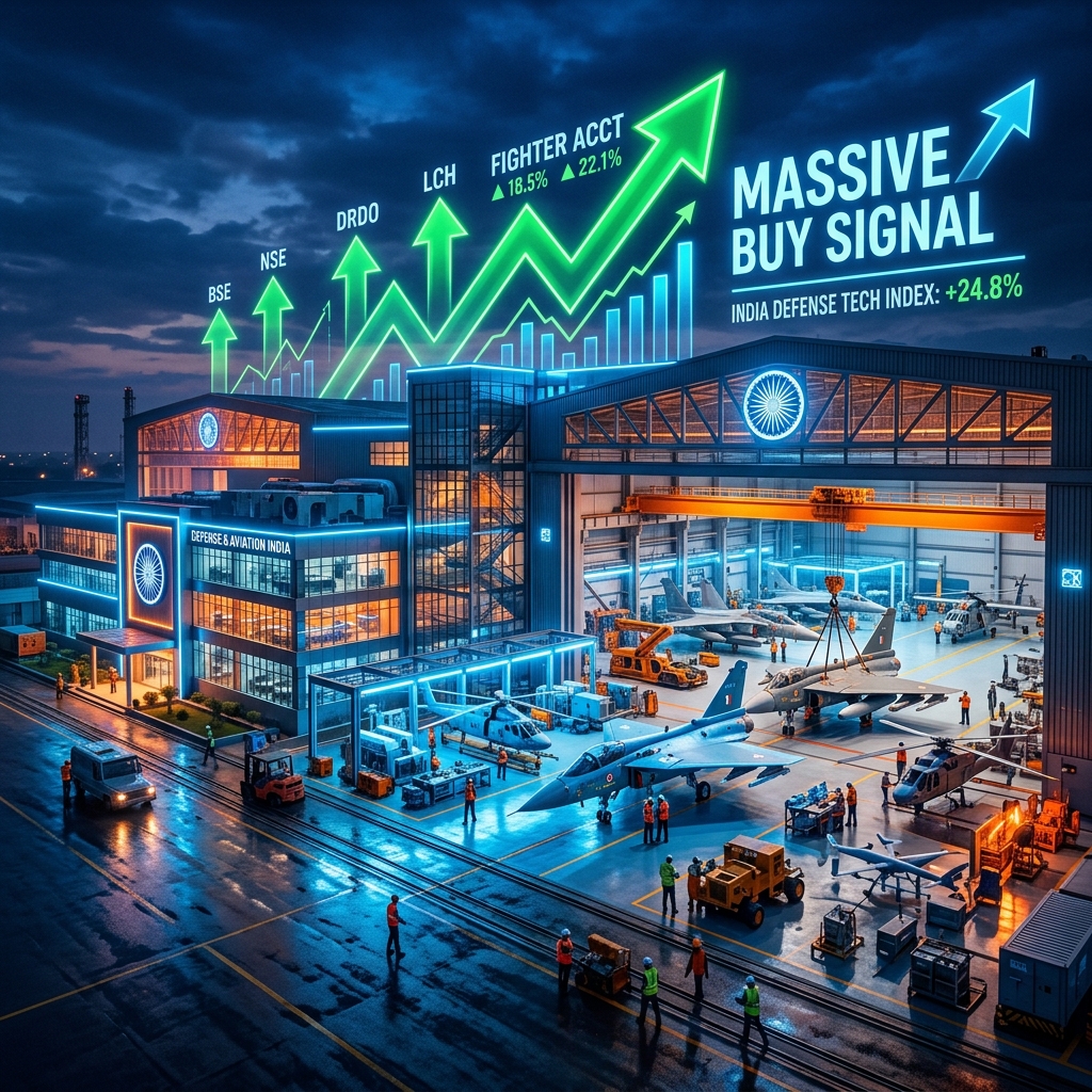 Futuristic defense tech factory and stock market growth