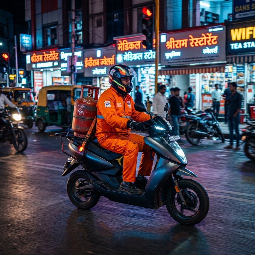Swiggy delivery boy carrying HPCL LPG gas cylinder at night